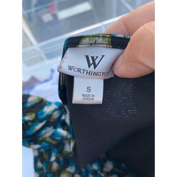 🍒 2/$20 🍒Worthington Multicolored Black, Turquoise, Green Pattern Blouse Small - Picture 4 of 4